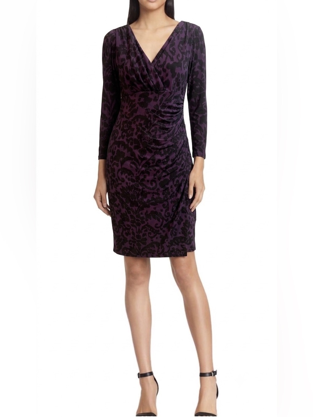 American Living Deep Purple Floral-Print Long Sleeve Wrap Dress